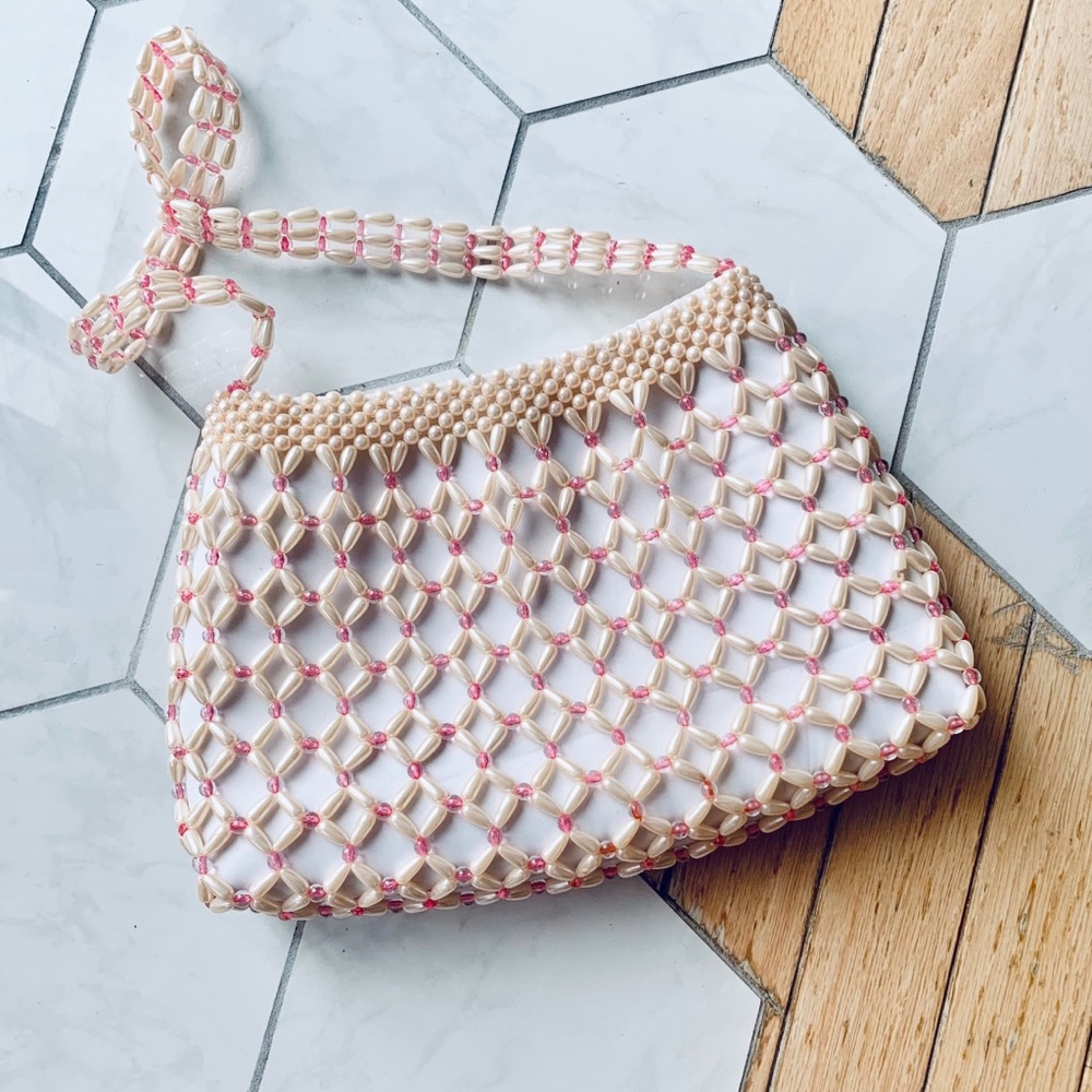 Pink & white beaded shoulder bag